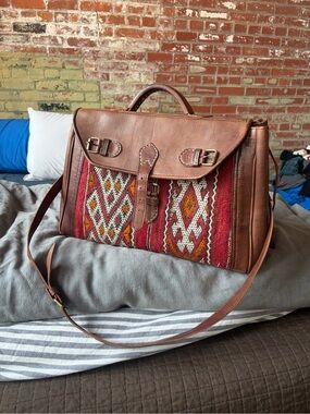 Handcrafted Brown Leather & Red Woven weekender Bag